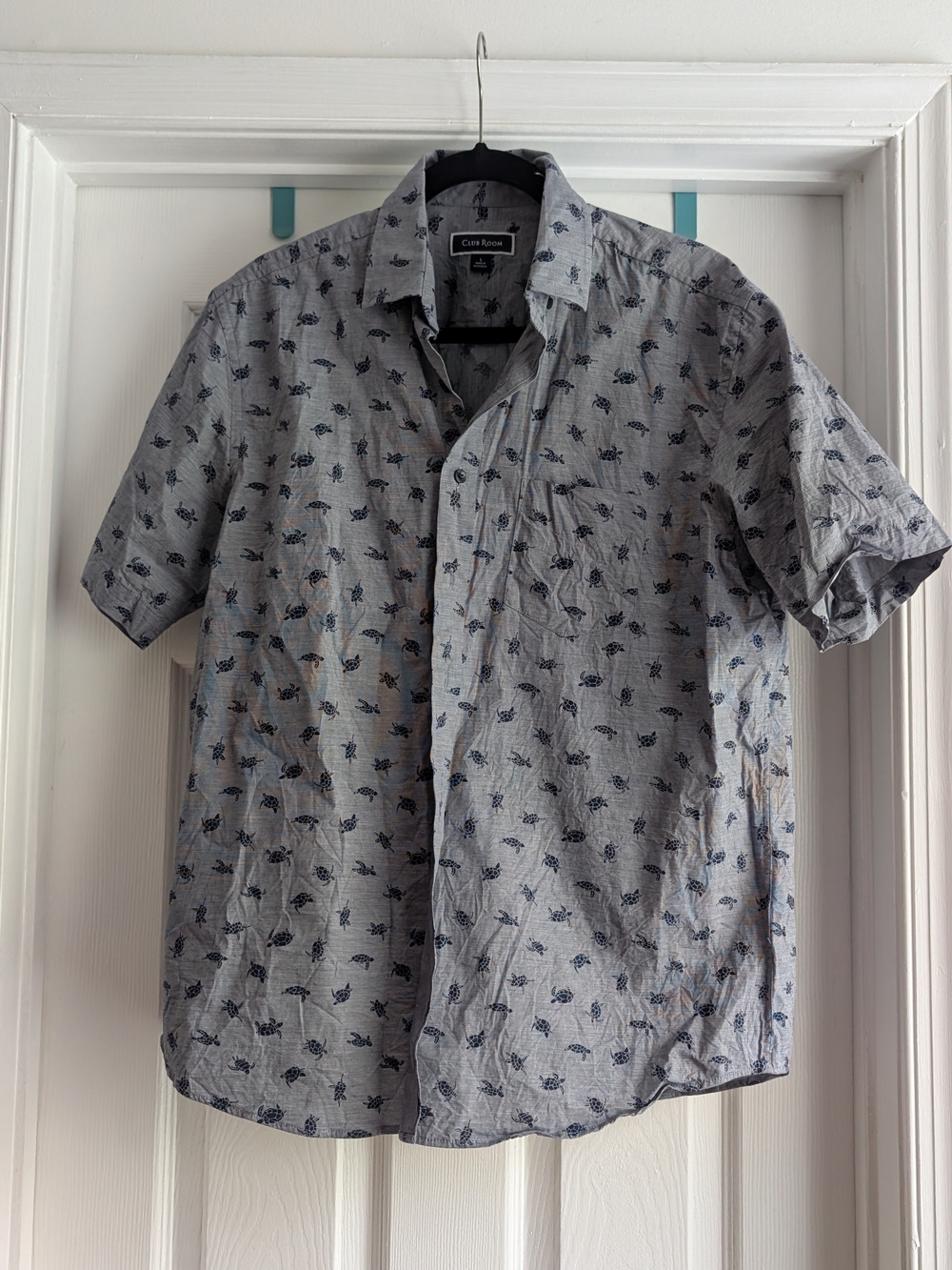 Club Room Short-Sleeve Gray Button-Up Shirt with Navy Print